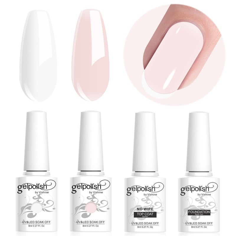 Vishine French Manicure French White Pale Pink Nail Gel 4Pcs Set, UV LED Gel Base Coat Top Coat Long-lasting Nail Gel Colors Starter Kit 4 Colors 8ml Set - Image 1